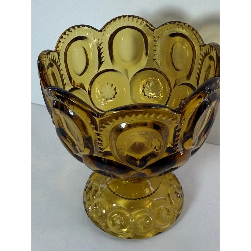 Vintage Amber Glass Moon and Stars Pedestal Candy Compote Scalloped Dish
